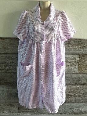 Vintage Lati Fashion Lavender Gingham House Dress PocketSnap Cottagecore M (L1)